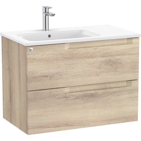 Pack mueble base de 2 cajones + lavabo ALEYDA - ROCA Color: Beige Madera - Medidas: 805x460x565 mm - Posición del lavabo: Izquierda (1/2)