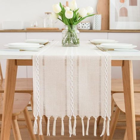 Chemin de Table Beige, Table Chemin de Table de Style campagnard avec Glands 228x32cm (1/5)
