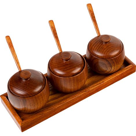 Ensemble de pots à épices en bois massif naturel avec base en bois, comprenant un grand pot à épices, une boîte à sel, un récipient à poivre et un sucrier avec cuillère et couvercle pour conserver le (1/5)