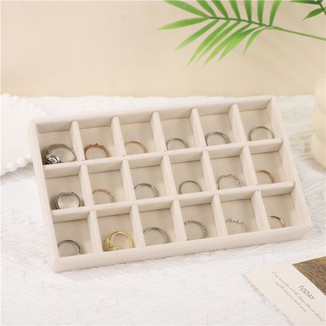 Beigefarbenes Aufbewahrungstablett, 18 Fächer, 21,3 x 12,4 x 2,4 cm, 1 große Schmuckaufbewahrungsbox aus Samt, geeignet für Ringe (1/5)