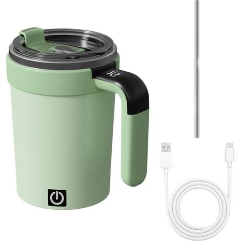 Tasse à Café Auto-mélangante, Bouteille à Mélange Électrique de 380ML, Tasse à Café Électrique en Acier Inoxydable, avec Couvercle et Paille, Affichage Température, pour Maison, Excursions et Bureau
