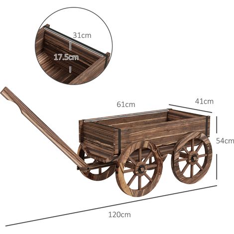 Chariot à plantes bois calciné avec poignée,charge 30 kg,structure mobile pratique pour déplacer et ranger plantes sur jardin et terrasse.