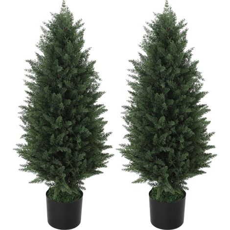 Set de 2 cyprès artificiels 90 cm en plastique avec pot, résistants aux UV, vert (1/5)