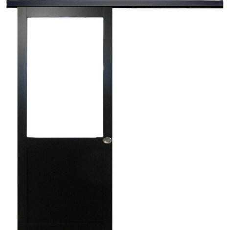 Porte Coulissante Atelier Noir H204 X L73 Sans Meneau + Rail Alu Bandeau Noir Et 2 Coquilles (1/4)