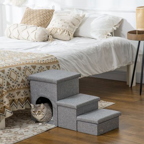 Escalier pour chien, 3 marches, 40,5 cm de hauteur, avec niche, coussin et espace de rangement, idéal pour les petits chiens et chats. Rampe d'accès avec housse lavable, parfaite pour monter sur le li (1/5)