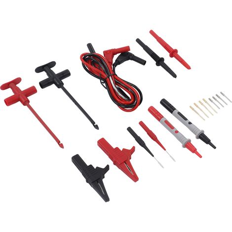 Kit câbles test multimètre JT8001-3 avec pinces crocodiles, fiches banane, sondes perçantes, 2 câbles, 2 pinces, 8 pointes, 30VAC-60VDC 19A PVC PA laiton (1/5)