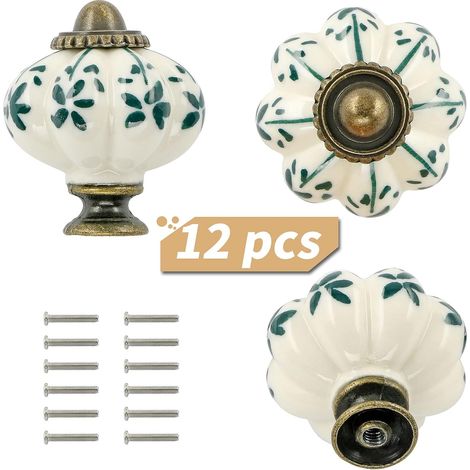 Boutons de meuble en céramique – Lot de 12 – Ivoire, vert, motif citrouille – Style vintage – Vis incluses (1/5)