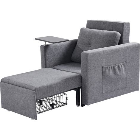 Mophorn Schlafsofa umbaubares Schlafbett mit Seitentasche, Kissen und Armlehne, Schlafsessel mit 5-fach verstellbarer Rückenlehne, Einzel-Ausziehcouch mit Rädern und Stauraum, Grau