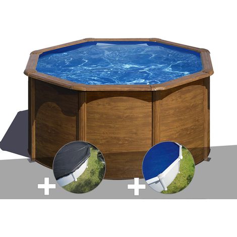 Kit piscine acier aspect bois Gré Pacific ronde 2,60 x 1,22 m + Bâche d'hivernage + Bâche à bulles