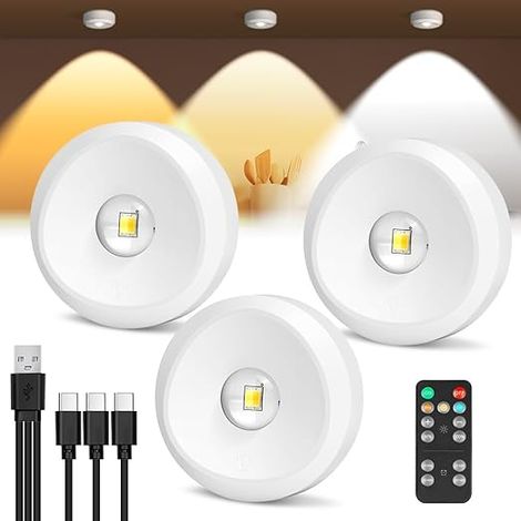 Spot Sans Fil LED Lampe de Vitrine Rechargeable 1500mAh Puck Light Dimmable 3 Températures de Couleur et Tactile avec Télécommande Minuterie Cuisine Armoire Vitrine Blanc (1/5)