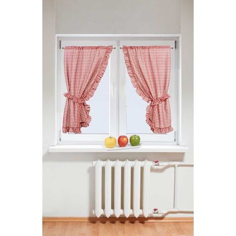 Paire de voilage 100% polyester à petits carreaux rouge – Dimensions 75x160cm – Finition volant – Lavable 30° – Linder