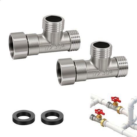 Connecteur en T 3 Voies 1/2 Pouce en Acier Inoxydable, 2 pièces raccord en T mâle 1/2" pour pulvérisateur avec Filetage Profond et Joints d'Étanchéité, pour Vanne d’Angle, Machine à Laver, Toilette (1/5)