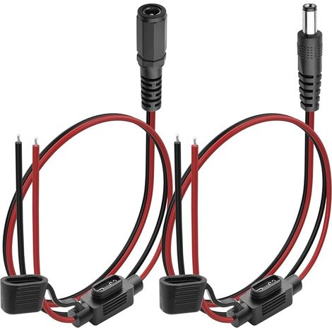 1 paire de câbles d'alimentation CC avec fusible, 35 cm, 20 AWG, DC 5,5 mm x 2,1 mm, prise mâle + femelle vers fil nu à extrémité ouverte, câble de réparation (1/5)