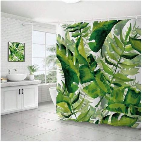 Rideau De Douche - Motif Feuilles Vertes - Pour Salle De Bain Fenêtre Mur - 180 X 180 Cm - 1 Pièce (1/2)