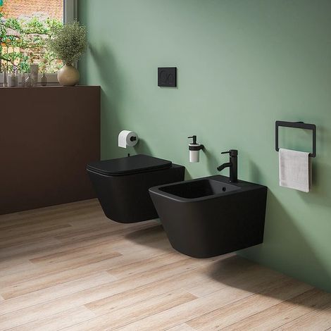 Coppia di Sanitari Sospesi in Ceramica Nero Opaco Vaso Rimless con Sedile Soft-close e Bidet Mod. Kyoto (1/5)
