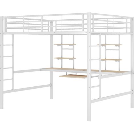 Lit mezzanine, 140 x 200 cm, cadre de lit en métal, lit en fer, lit mezzanine avec bureau et deux bibliothèques pour enfants, adolescents et adultes, blanc (1/5)