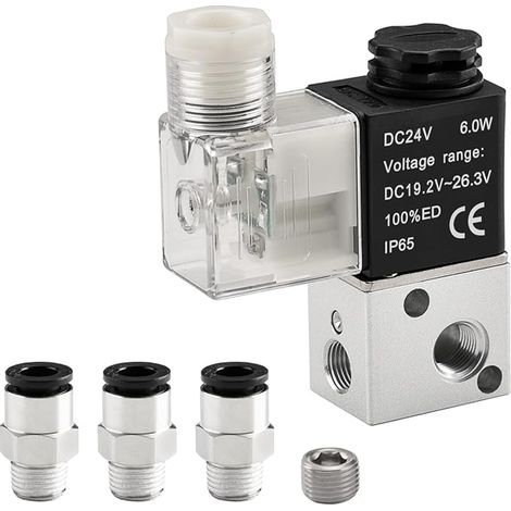 Electric Pneumatic Solenoid Valve 3V1-06 24VDC PT1/8 3/2 Way Normally Closed with Fittings and Muffler (DC24V)