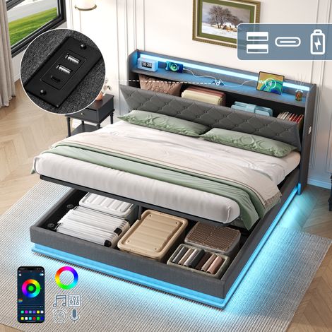 5ft King Upholstered Bed Frame with Hydraulic Storage, LED Button Tufted Headboard with Charging Station and Concealed Headboard Storage, USB and Type - C Ports, Linen, Grey (No Mattress)