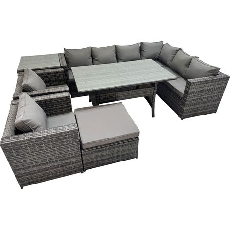 Fimous Rattan Garden Furniture Set Outdoor 9 Seater Patio Dining Corner Sofa Sets with Dining Table 2 Chairs Big Stool Side Table Dark Grey Mixed (1/5)