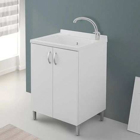 Mobile lavatoio 60x50 bianco con asse strofinatoio e kit scarico (1/5)