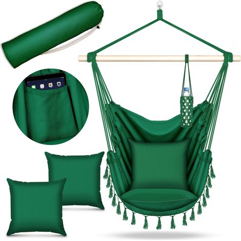 tillvex Silla colgante verde con 2 cojines  Silla colgante con portavasos y estantería  Asiento colgante resistente a la intemperie - Interior y exterior  Cesta colgante con bolsa de transporte para a