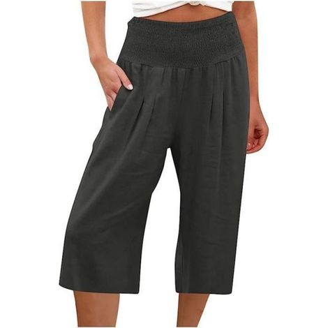 Pantalon Court Femme - Lin Et Jogging Léger - Séchage Rapide - Longueur 3/4 - Noir - Taille 3XL