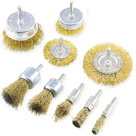 9pcs Brosse métallique en laiton,Brosse disque Brosse boisseau Brosse ronde Pour perceuse, fil d'acier inoxydable (1/5)