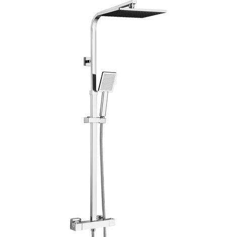 Auralum Columna de Ducha Termostática para Baño, Conjunto de Ducha con Rociador Cuadrado 25x25cm y Grifería Antiespaldamiento, Barra de Acero Inoxidable Compatible Orificios Existentes 71-104cm, Cromo (1/5)