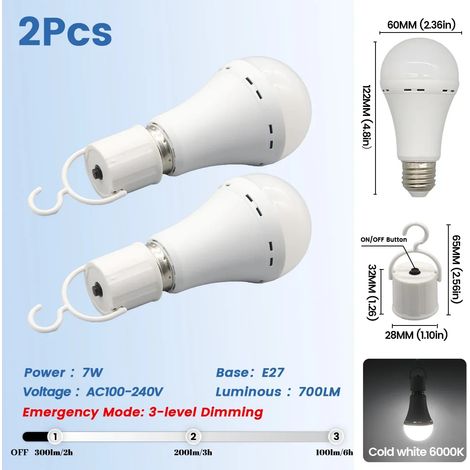 (2 x 7W) Ampoules LED rechargeables, E27, 1500mAh, pour une utilisation d'urgence, adaptées aux pannes de courant et au camping en plein air. (1/5)