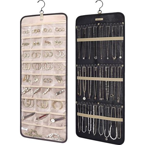 Schmuckbeutel, hängender Schmuckorganizer, Aufbewahrungsrolle, doppelseitiger Schmuckhalter mit schwarzen Metallhaken (1/5)