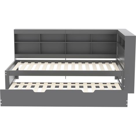 Divano letto 90 x 200 cm con letto estraibile 90 x 190 cm, vani contenitore, legno grigio, HOMVRA (1/5)
