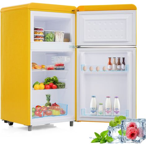 Réfrigérateur Rétro Jaune 72L - Mini Frigo Vintage 2 Portes avec Congélateur Séparé, Silencieux 39dB, Pose Libre 91 cm, Éclairage LED