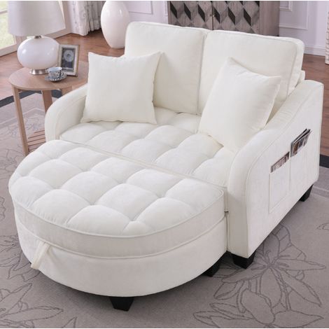 Divano letto 132x129x93 cm, trasformazione in pochi secondi, con pouf contenitore, tessuto traspirante, eucalipto, beige (1/5)