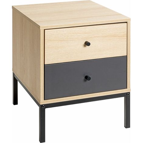 Table de nuit table de chevet 2 tiroirs coloris Chêne/gris et pieds en métal noir - Longueur 40 x Hauteur 50 x Profondeur 45 cm (1/5)