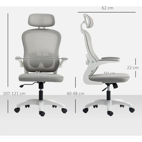 Chaise Bureau Ergonomique maille accoudoirs rabattables hauteur réglable 64x62x115cm, gris (1/4)