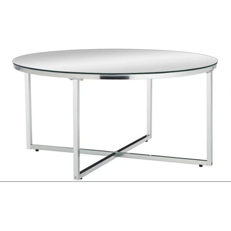 Table Basse LORIE Ronde Plateau Verre Trempé Miroir Structure Métal Chrome D90x45cm (1/5)
