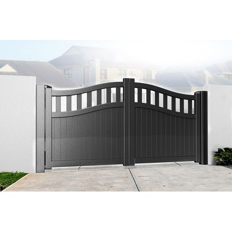 Double Swing Gate 3250x2000mm Black - Vertical Solid Infill and Bell-Curved Top Full Privacy Driveway Gate