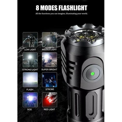 Mini torcia LED ricaricabile con 8 modalità di illuminazione. Piccola torcia impermeabile con clip. Adatta per campeggio, escursionismo, ecc. (nera) (1/4)
