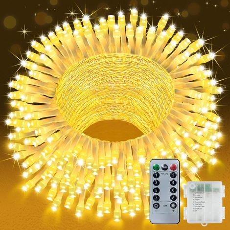 Guirlande lumineuse d'extérieur à piles - 30 m - 300 LED - Avec minuterie - 8 modes - Blanc chaud - Étanche - Pour chambre, fête, balcon, sapin de Noël