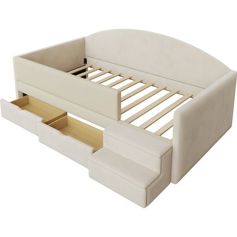 Cama tapizada 90 x 190 cm con 2 cajones, escalones y barrera, terciopelo beige HOMVRA (1/5)