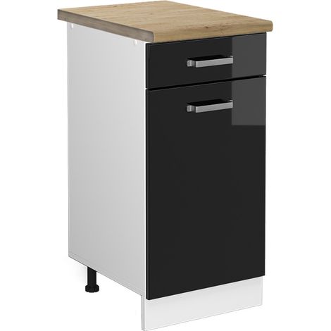 Mueble bajo de cocina R-Line, Negro brillo intenso, 40 cm , ET Roble, Vicco