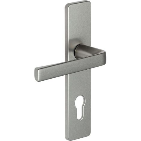 Vachette – Ensemble palière sur petites plaques 165 mm – Finition argent – Plaques 190 x 42 mm – Saillie béquille 57 mm – Poignée réversible