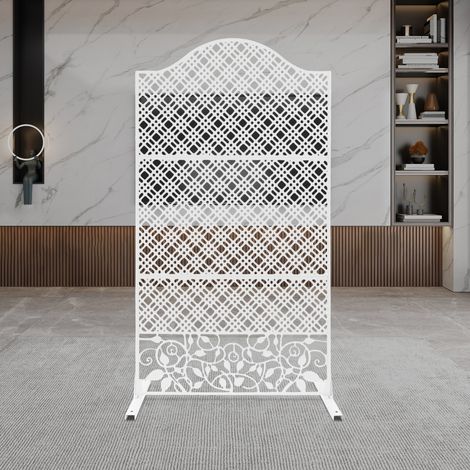 Paravent décoratif autoportant d'extérieur 100 x 185 x 50 cm Métal blanc Séparateur de pièce Panneaux de clôture de jardin pour balcon, arrière-cour, terrasse, patio, entrée (1/5)