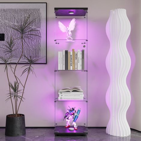 Vitrine de présentation, Armoire vitrée pour collection avec LED et serrure, Armoire de rangement avec 1 porte et 4 étagères, Meuble transparent vitrine, Armoire vitrine pour salon ou bar, noir (1/5)