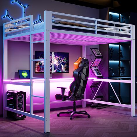 Lit mezzanine gaming 140x200 cm en métal avec bureau intégré, éclairage LED, station de charge USB, garde-corps de sécurité, gain de place, blanc (1/5)