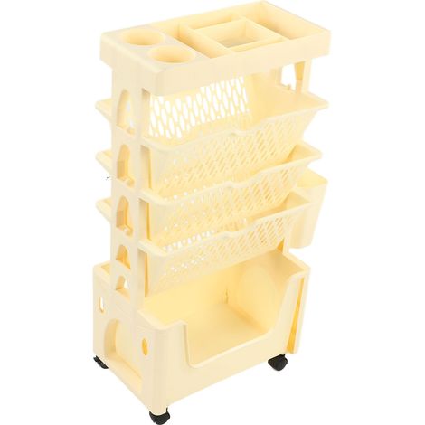 Grande étagère portable à roulettes, 5 niveaux, multifonctionnelle et mobile, beige, idéale pour la chambre, le salon, la maison ou l'école. (1/5)