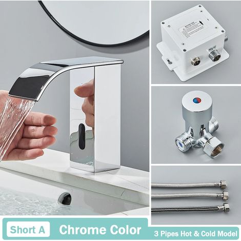 (Chrome A Short) Robinet de lavabo de salle de bain noir à capteur intelligent, sans contact, mitigeur automatique à cascade, eau chaude et froide, robinet de lavabo Crane (1/5)