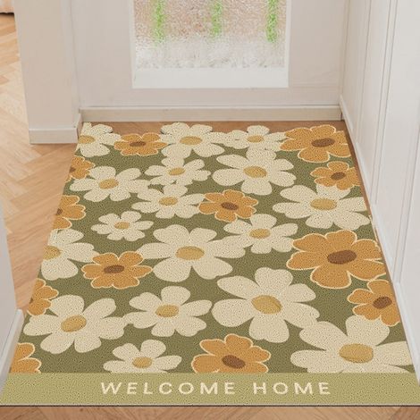LAN Cercle de soie floral vert vertical 50 x 80 cm Tapis de sol en soie bouclée à petits motifs floraux découpés, adapté à un usage domestique, résistant à la saleté, à l'usure, antidérapant, racleur  (1/4)