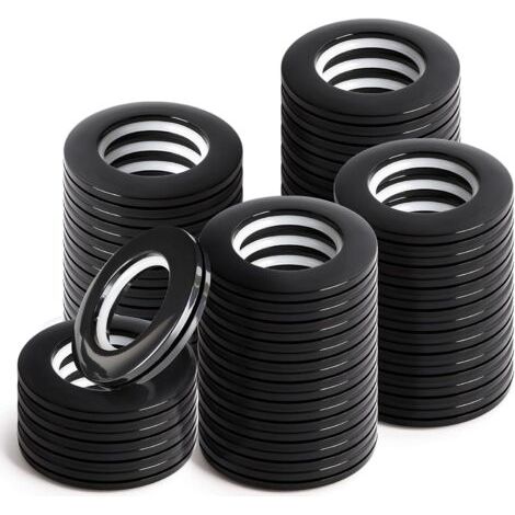 QORVA-Anneaux de Rideaux 42mm en PP - 48 Pièces Noires pour Tringle à Rideaux - Anneaux d'Oeillet pour Bricolage et Fenêtre (1/5)
