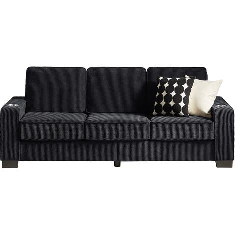 Canapé 3 places en velours côtelé noir avec accoudoirs larges et porte-gobelets intégrés, assise confortable pour salon, chambre ou bureau CHICFURN (1/5)